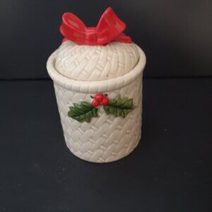 Otagiri Handcrafted in Japan Holly Berry & Bow Jam Jar w/ Lid 5 1/2" Tall